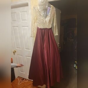 Elegant Burgundy and Gold Evening Gown